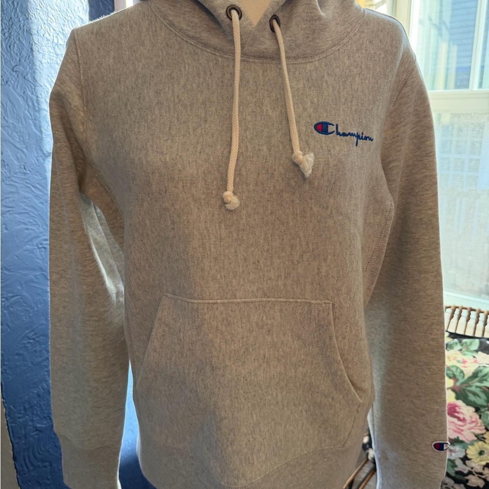 Champion Hoodie Sweatshirt Pullover Heather Gray Logo Script Size Medium